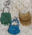 Green Gold Blue Beaded and Sequined Flapper Evening Bag 2 Chain Purse One Wrist