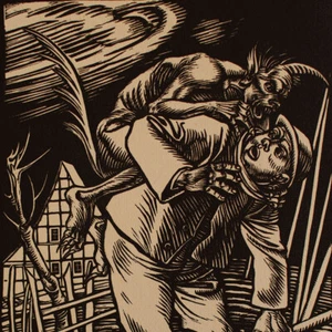 Rudolf Schiestl Teufel holt einen Bauern Expressionismus sig Holzschnitt um 1920 - Bild 1 von 4
