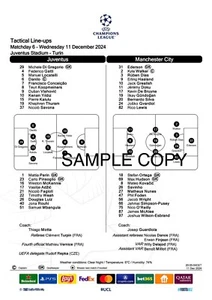 Juventus v Man City Champions League 11.12.24 EUFA Official Team Sheet - Picture 1 of 1