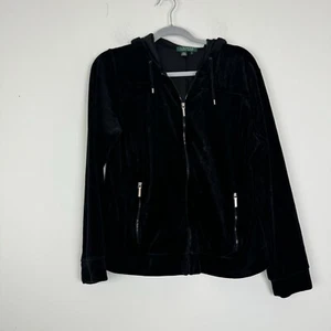 Lauren Ralph Lauren Black Velvet Velour Full Zip Track Jacket Size Large Y2K - Picture 1 of 5