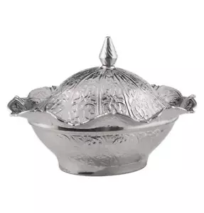 Tazón de té turco de azúcar | Grabado estilo otomano | Tazón cubierto de óvalo plateado - Imagen 1 de 2