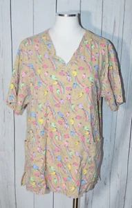 Nu Dimension Women's Beige Rainbow Butterfly Patterned Short Sleeve Scrub Top L - Picture 1 of 8