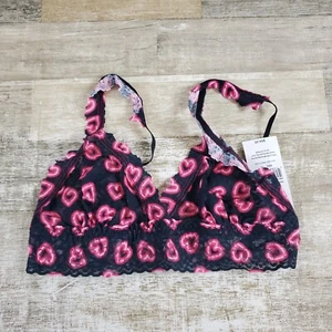 Hanky Panky Womens Padded Triangle Bralette Medium Black Heart Print Crossover - Picture 1 of 10