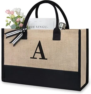 Jute Tote Bag Initial Women Hand Bag Beach Bag Grocery Bag - Picture 1 of 7