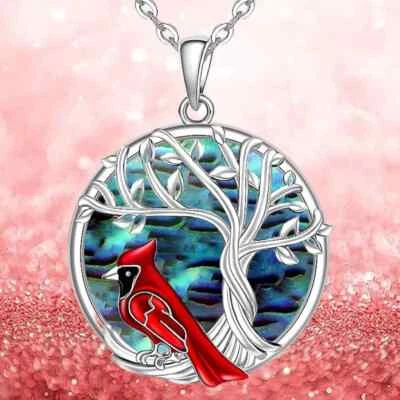 Red Cardinal Tree of Life Round Pendant Necklace Memorial  Angels Near - Image 1 of 4
