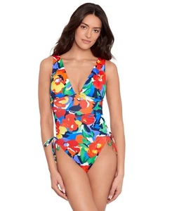 Lauren Ralph Lauren Shirred Plunge-Neck One-Piece Swimsuit, Multi, 8, 12, 14 - Picture 1 of 4