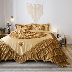 Tache Floral Solid Luxury Caramel Latte Ruffle Bedding 6pc Comforter Set Gold  - Picture 1 of 10