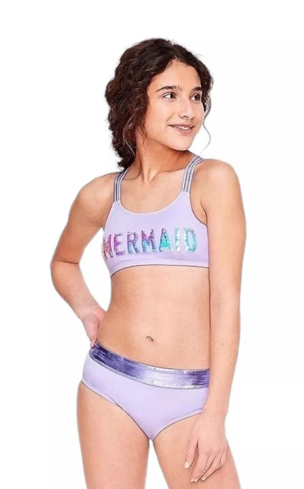 Conjunto de 2 piezas de traje de baño Justice Girls púrpura lentejuelas reversibles sirena talla 12 Foto 1 de 4