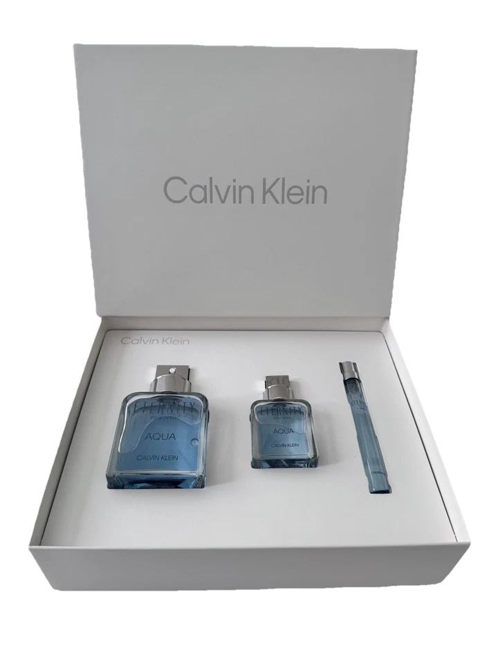 Calvin Klein Eternity para hombre Aqua 3,4 oz EDT + 1,0 oz EDT + 10 ml. EDT 3 piezas. Juego Nuevo en Caja Foto 1 de 4