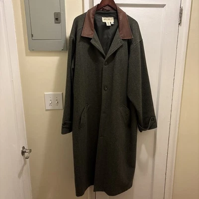Vintage 80s Eddie Bauer Men’s XL Tall Glen Plaid Leather Collar Tweed Overcoat  - Image 1 of 4