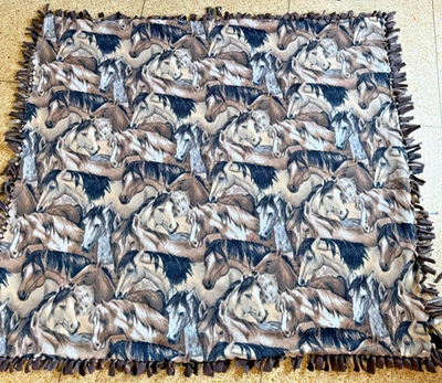 Horse Print Fleece Blanket Lined Fringe Edges Soft Warm Cozy Horse Lovers 48x54 - Image 1 of 4