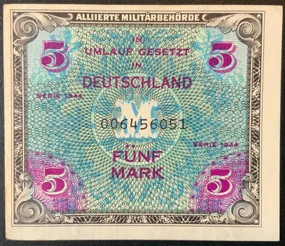 1944 GERMANY PAPER MONEY - 5 MARK MILITARY BANKNOTE! - Image 1 of 2