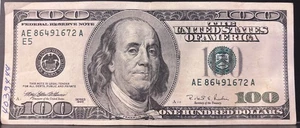 1996 $100 dollar bill, Federal Reserve NOTE AE86491672  [E5] SERIES 1996 - Picture 1 of 2