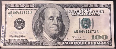 1996 $100 dollar bill, Federal Reserve NOTE AE86491672  [E5] SERIES 1996 - Image 1 of 2