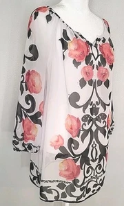 JM Collection Womens Sheer Floral Rhinestone Tunic Blouse Peasant Top Medium - Picture 1 of 15