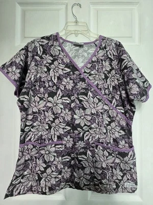 UA Scrubs Scrub Top Size L-Black/Purple Floral Mock Wrap-Chest 23"/L 26" - Image 1 of 4