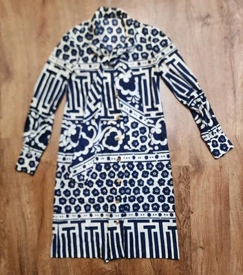 Vestido estampado azul marino LS Mod vintage años 70 bufanda cuello mod para mujer XS/S  Foto 1 de 4