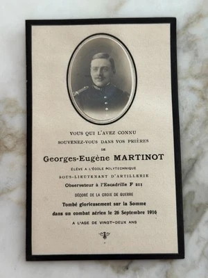 FAIRE-PART DE DÉCÈS 1916 ARTILLERIE AVIATION ESCADRILLE BATAILLE DE LA SOMME WW1 - Photo 1/3