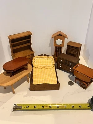 Lot Vintage wood Dollhouse Furniture Dresser Cart Bed Table Clock Cabinet OOAK - Image 1 of 4