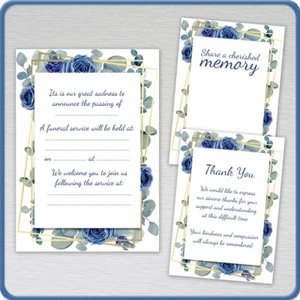 Funeral Invitations Announcement Cards Thank You Memory Table Favours Navy Rose - Picture 1 of 7