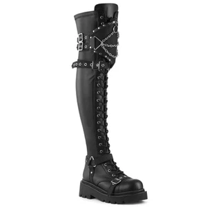 Black Over the Knee Combat Grunge Steampunk Goth Studs Womans Boots Demonia - Picture 1 of 1