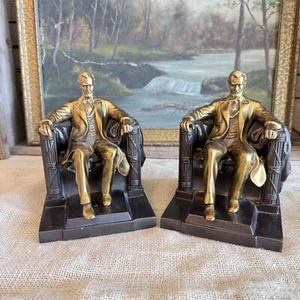 Pair - Abraham Lincoln In The Chair - Heavy Gilt Bronze Bookends - Daniel Cheste - Picture 1 of 8