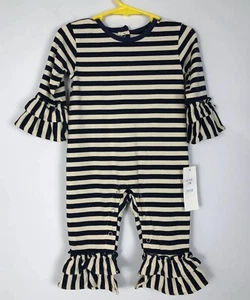 Be Mine Girls Romper One Piece Navy Blue Ivory Striped Jumpsuit Size 12 Ruffles - Picture 1 of 4