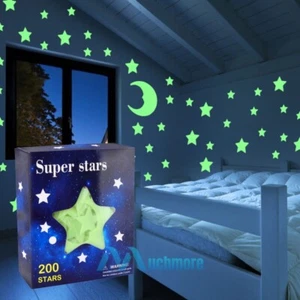 200X Glow Stars Dark Plastic Luminous Stars Moon Stickers Ceiling Bedroom Art - Picture 1 of 15