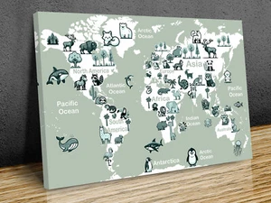Kinder Weltkarte pädagogische Tiere Kontinente Ozeane montierte Leinwand/Druck nur - Bild 1 von 8