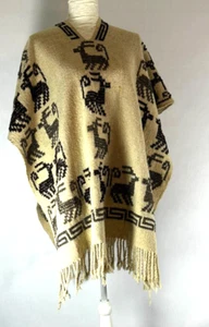 Vintage Poncho Sweater Native Deer Tribal Aztec Wool Blend Fringe 64" X 32" - Picture 1 of 18