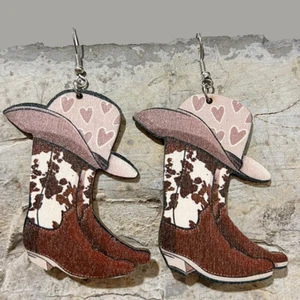 Neu Leopardenstiefel Büffelstreifen Lippen Holz Ohrringe für Cowgirl Westernschmuck - Bild 1 von 11