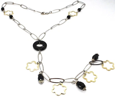 COLLANA ARGENTO 925 CON ONICE NERA PENDENTE FIORI MARGHERITE DORATE E DISCO - Immagine 1 di 4