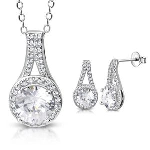 925 Sterling Silver Clear CZ Bridal Pendant Necklace Stud Drop Earrings Set, 18" - Picture 1 of 3
