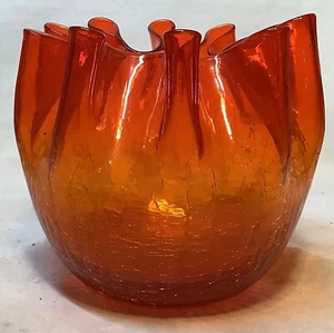 Vintage Red Orange Amberina Hand Blown Crackle Glass Vase Crimped Rim - Picture 1 of 4