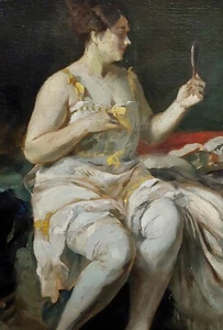 Lajos Jambor - Frau schaut in ihren Handspiegel - Ölgemälde um 1920  - Bild 1 von 6