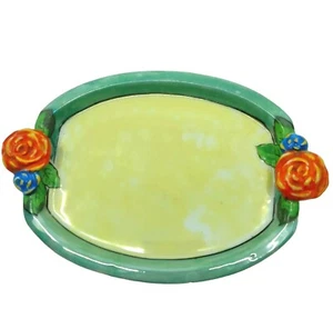 Japanese Ceramic Oval Plate VTG Pottery Floral Design Green Sushi Home Decor - Picture 1 of 3