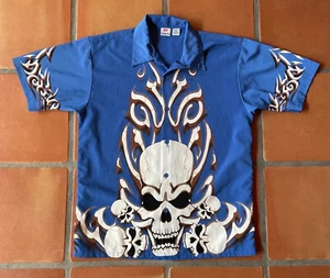 Vtg Anchor Blue Brand 90s Y2K Mens Large Button Up Shirt Skull Tribal Graphic - Picture 1 of 22