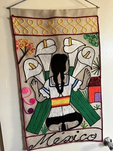 Unique Mexican Artisan Yarn Art Decor-Alcatraz Flower Lady -Big Size 19x32.5” - Picture 1 of 9