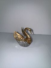 Swan Open Salt Cellar Satin Glass Movable Wings Elegant Gold Tone Dip
