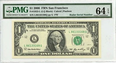 2006 $1 FRN San Francisco Fr# 1933-L PMG CH64 EPQ - Image 1 of 2