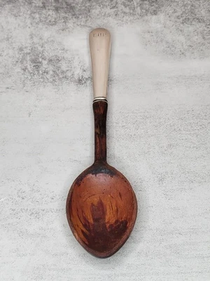 VTG Antique Sterling Silver Handle Wooden Serving Spoon w/Engraving 10.5" READ! - Image 1 of 4