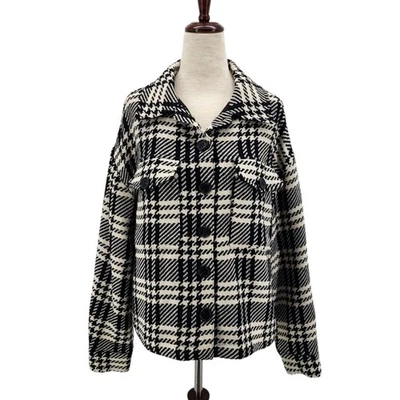 NOVA Jaqueta Sanctuary Feminina XS The Shacket Xadrez Ombro Caído Malha Preto Marfim - Imagem 1 de 4