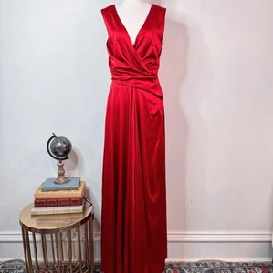 Talbot Runhof Draped Wrap Detail Sleeveless Crepe Satin Gown Red Size 8 Formal - Picture 1 of 16