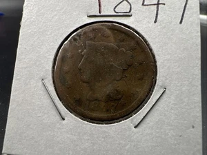1847 1c Braided Hair Large Cent Coin Very Circulated Damaged - Picture 1 of 6