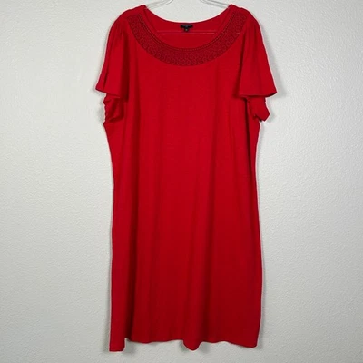 Talbots plus size 2X shift midi dress ruffle sleeve embroidered neck red cotton - Image 1 of 4