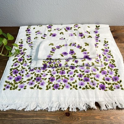 Toalla de baño de felpa flores moradas algodón floral años 50 vintage juego de 3 Foto 1 de 4