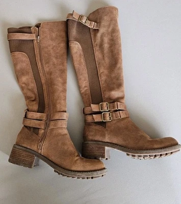 Crown Vintage Brown Knee High Riding Boots Buckle Detail Size 9.5 Faux Suede - Image 1 of 4