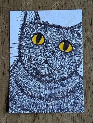 Original ACEO 2.5x3.5 in. Ink Drawing Black Cat With Yellow Eyes Kitten ATC OOAK - Image 1 of 2