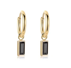 18ct Gold-Plated Hoop Earrings with Jet Cubic Zirconia Rectangle Drop Charm - Picture 1 of 1