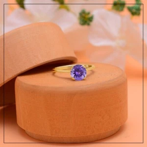 Anillo de promesa de aniversario nupcial amatista púrpura corte redondo de 1 quilate oro amarillo de 14 k - Imagen 1 de 4